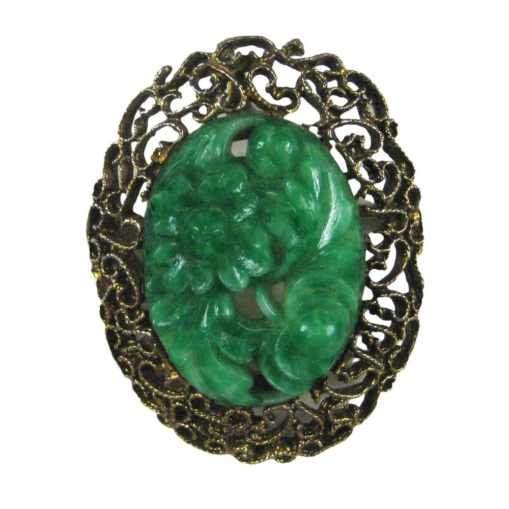 Green Cameo STYLE Oval Brooch Pin Goldtone Vintage 1980s  2.2 inch Estate Flower